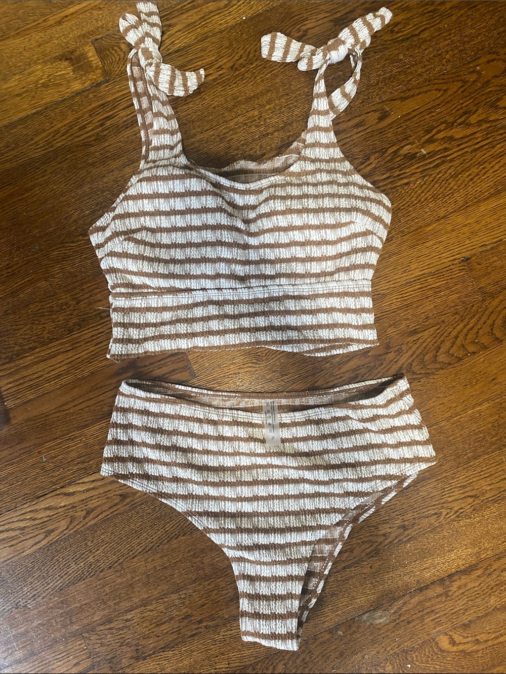 Striped Textured Two-Piece Bikini Set in Cream and Brown Size XL NWT